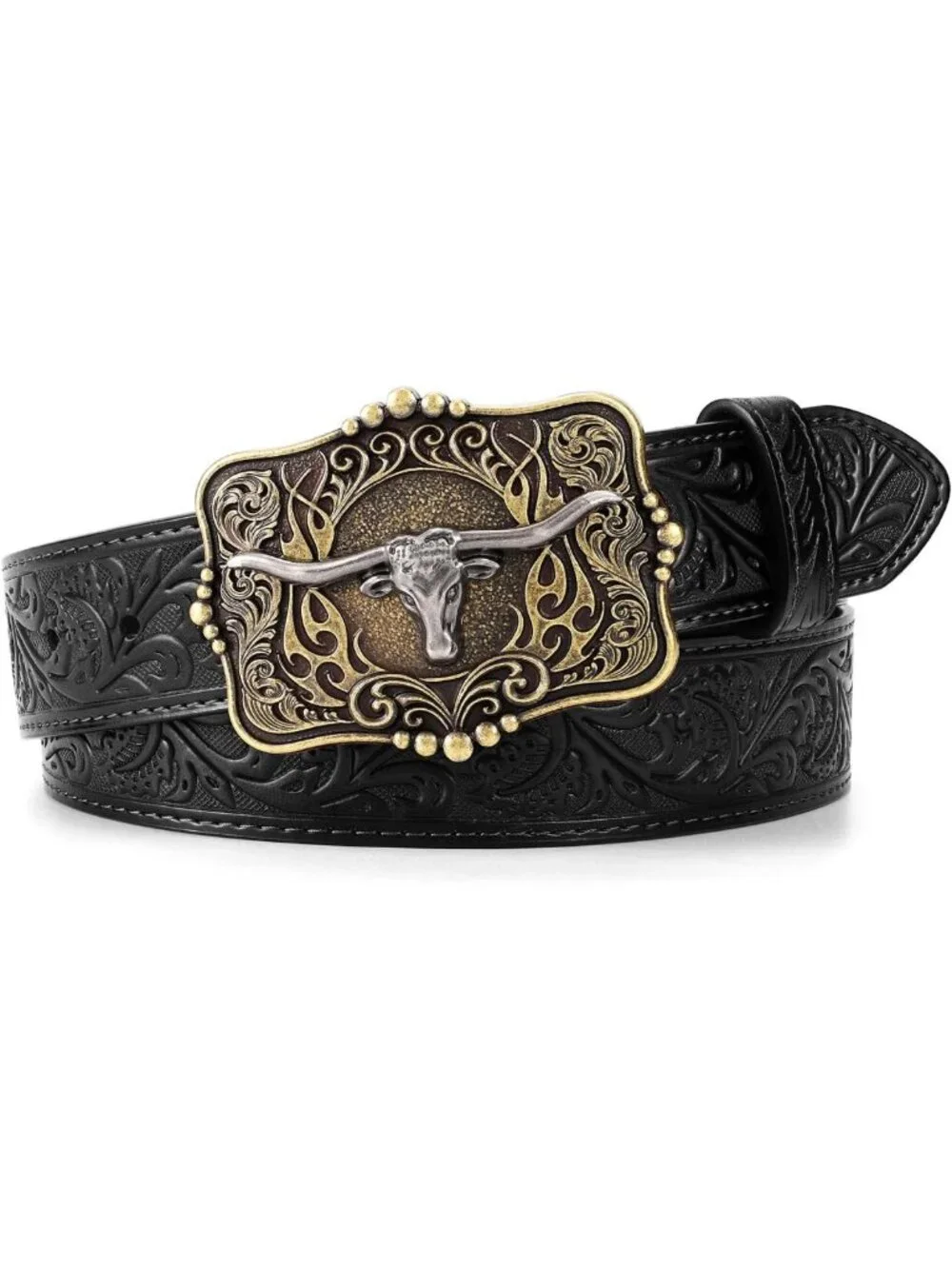 Stylish Embossed Leather Cowboy Western Belt for Men & Women with Longhorn